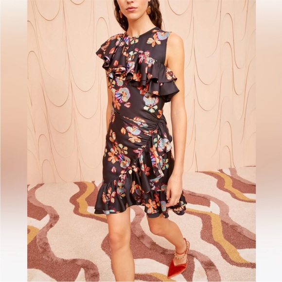 Ulla Johnson Candace Asymmetrical Ruffled Cocktail Dress Floral Lune Size 12 - Picture 16 of 16